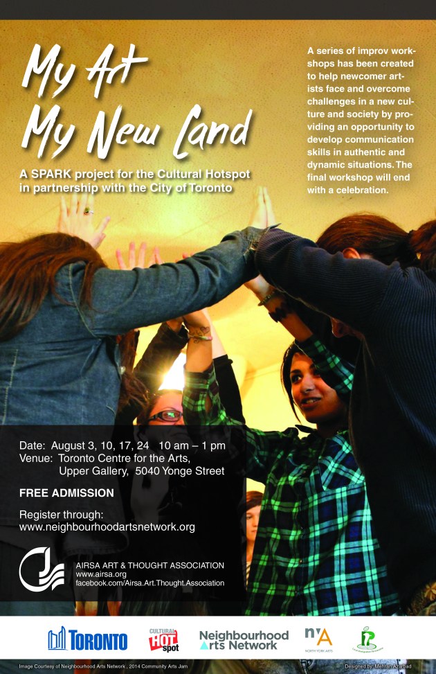 my art, my new land poster showing information and people holding hands