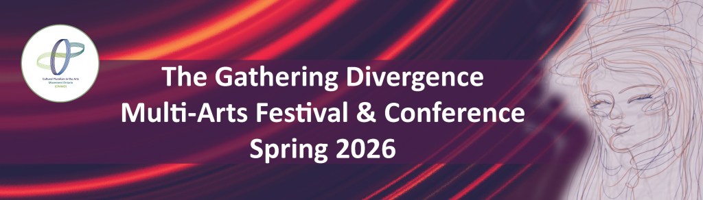 On a red and purple background, on the left CPAMO’s logo and in the middle text: The Gathering Divergence Multi-Arts Festival & Conference Spring 2026 . On the right a drawing of women’s face